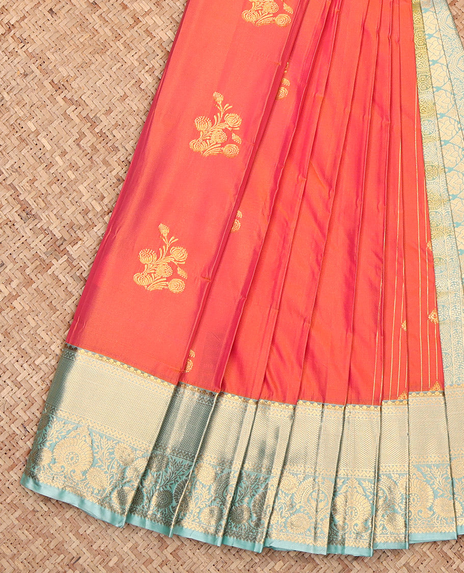 Orange Budget Silk Saree, Graced with Zari Buttas, Complemented by a Contrast Traditional Border, Jaal Pallu, and a Contrast Blouse