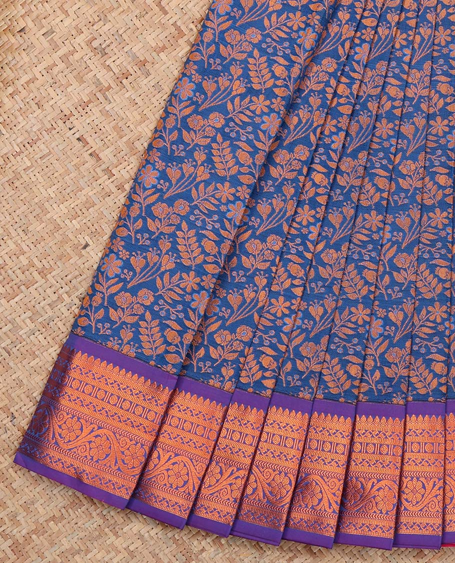 Blue Budget Silk Saree, Featuring Floral Vine Design, Complemented by Contrast Traditional Zari Border, a Jaal Pallu and a Contrast Blouse
