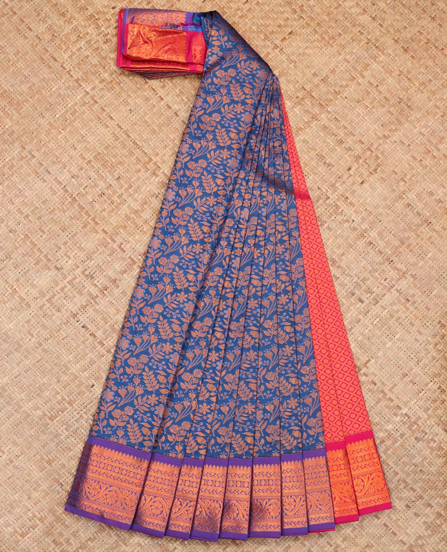 Blue Budget Silk Saree, Featuring Floral Vine Design, Complemented by Contrast Traditional Zari Border, a Jaal Pallu and a Contrast Blouse
