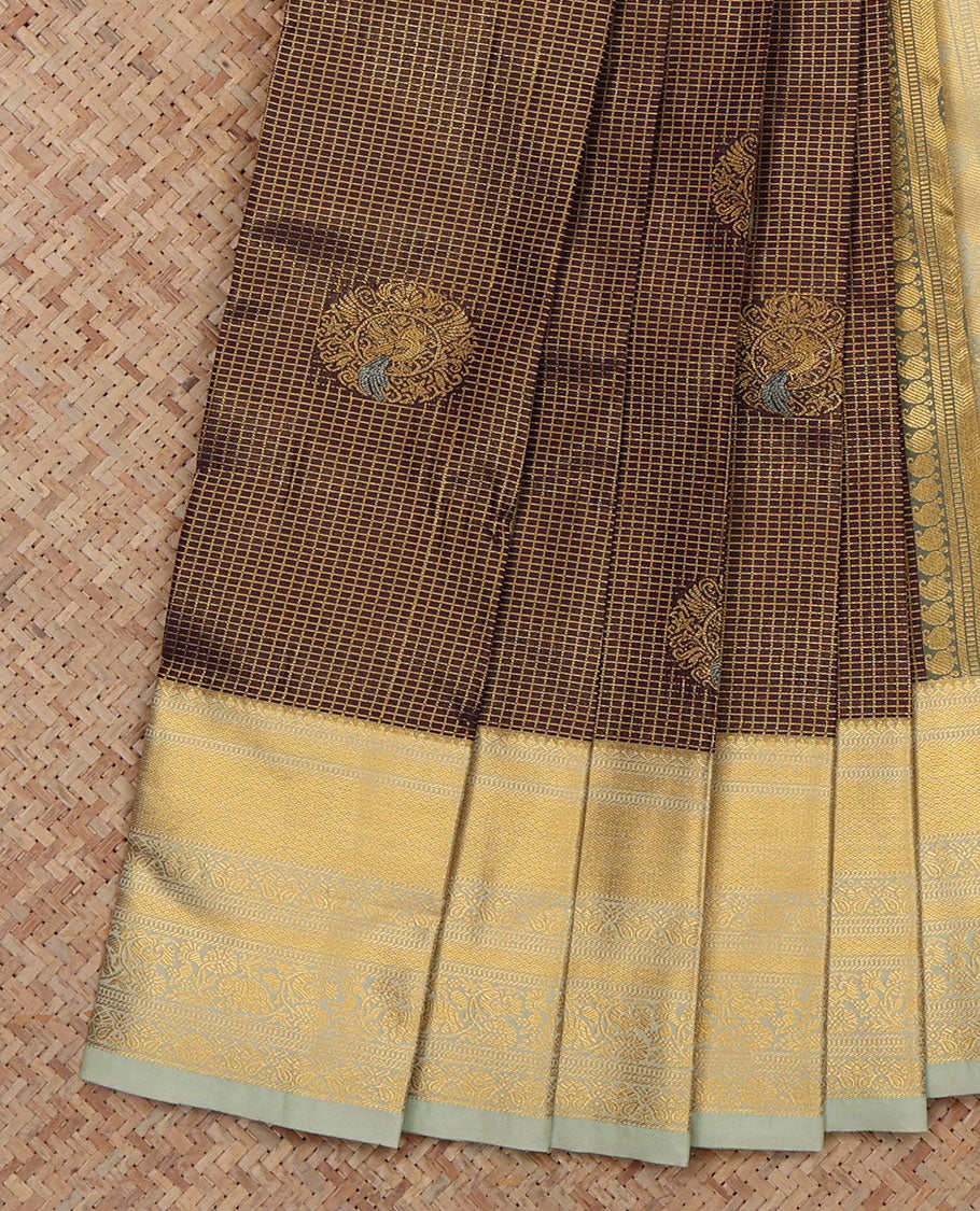 Brown Budget Silk Saree, Spotlighted with Peacock Buttas and Checks, a Contrast Traditional Zari Border, an Intricate Pallu and a Contrast Blouse