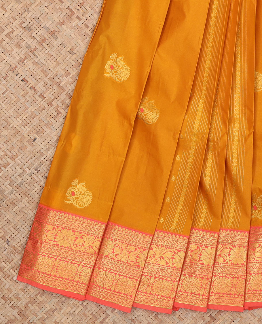 Mustard Budget Silk Saree, Showcasing Zari Buttas, Complemented by Contrast Traditional Zari Border, a Grand Pallu and a Contrast Blouse