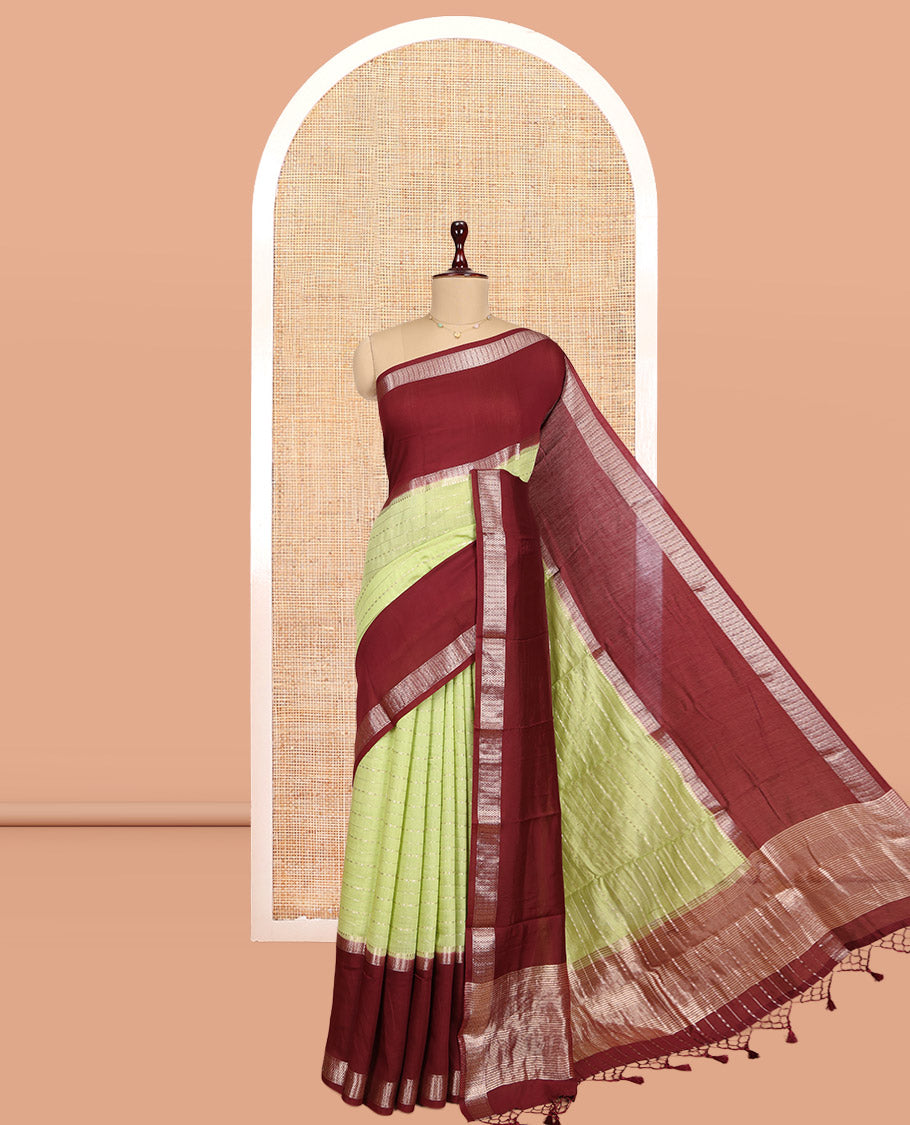 Green Assam Silk Saree, Highlighted by Zari Stripes, Complemented by Contrast Big Traditional Zari Border, Zari Woven Pallu, and Contrast Blouse