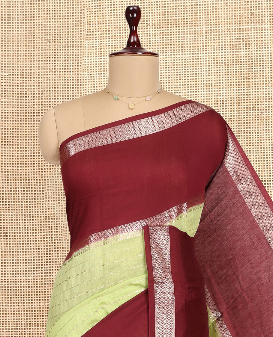 Green Assam Silk Saree, Highlighted by Zari Stripes, Complemented by Contrast Big Traditional Zari Border, Zari Woven Pallu, and Contrast Blouse