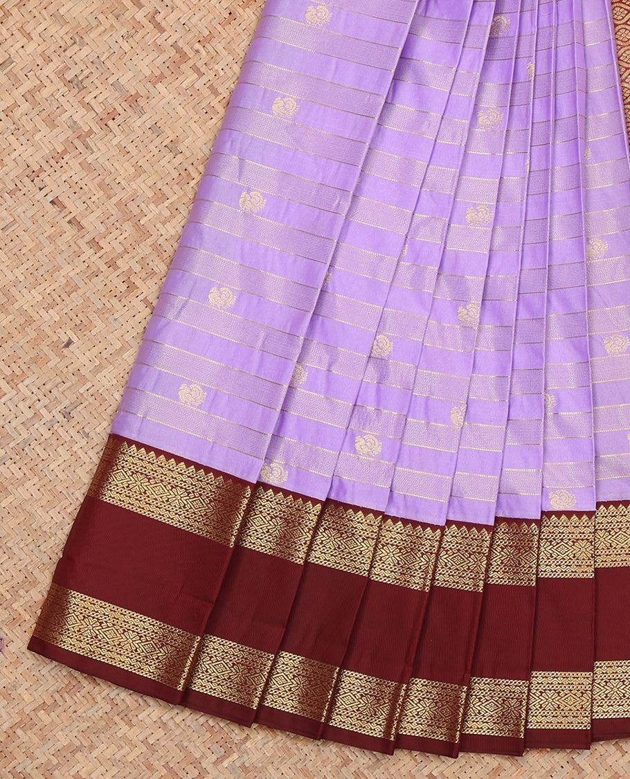Lavender Budget Silk Saree, Decked Up with Zari Buttas and Stripes, Complemented by a Contrast Traditional Zari Rettai Pettu Border, Grand Jaal Pallu, and Contrast Blouse