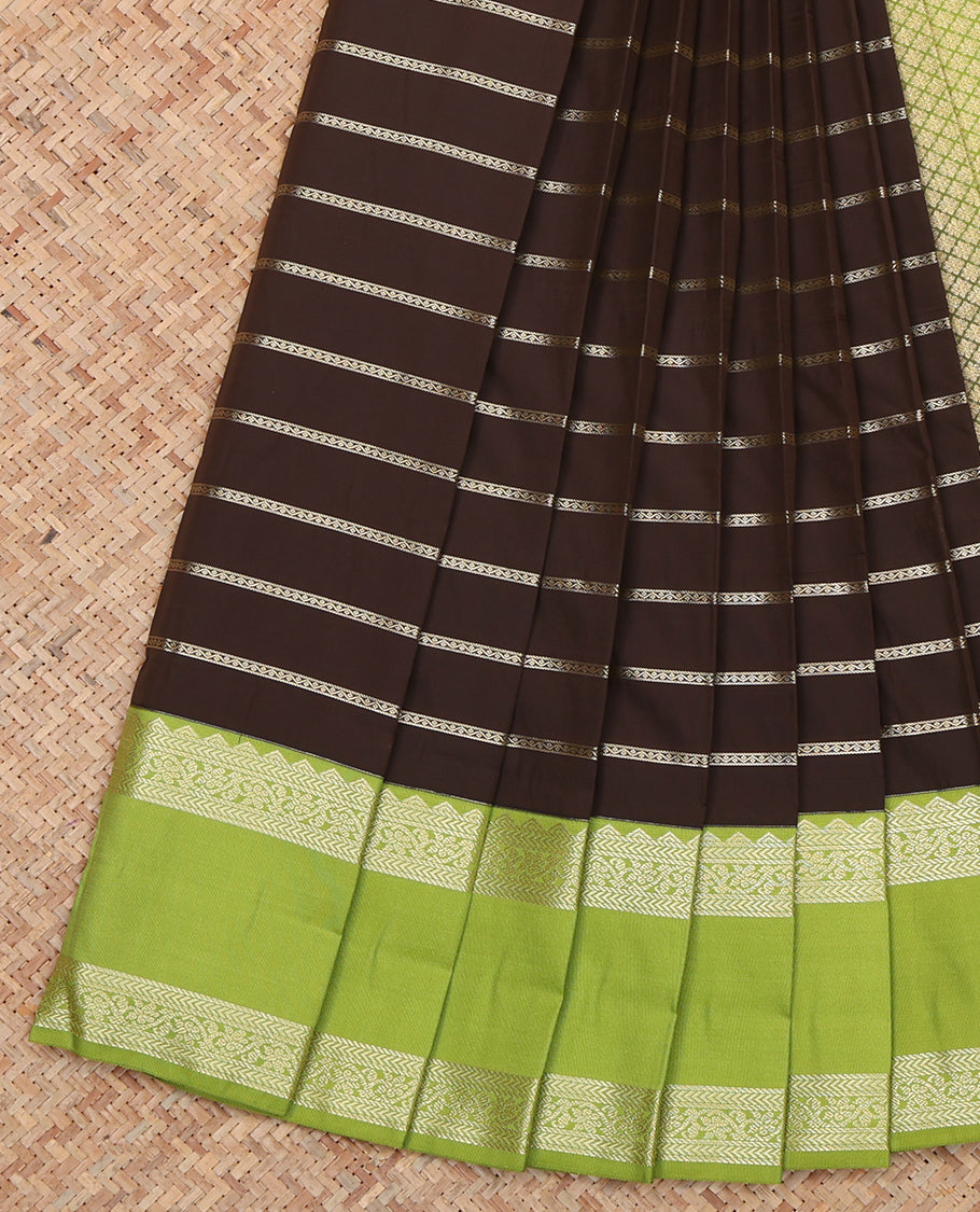 Brown Budget Silk Saree, Accentuated with Veldhari Stripes, a Contrast Traditional Rettai Pettu Border, Jaal Pallu, and a Contrast Blouse