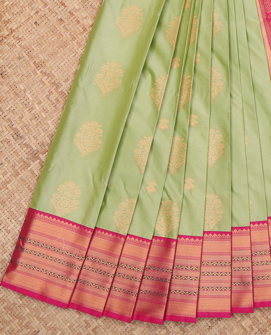 Green Budget Silk Saree, Woven with Buttas, a Contrast Traditional Zari Border, Grand Pallu, and a Contrast Blouse