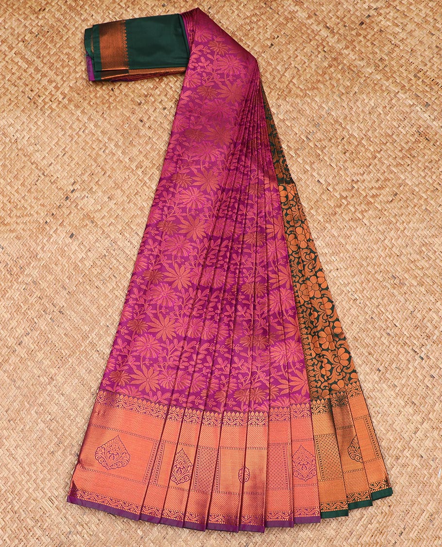 Pink jacquard gift saree, traditional zari border, and contrast pallu of floral designs