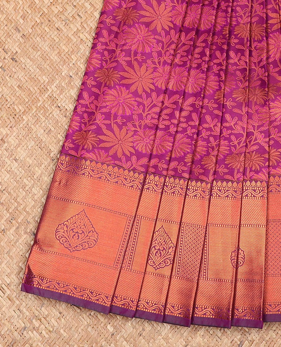 Pink jacquard gift saree, traditional zari border, and contrast pallu of floral designs