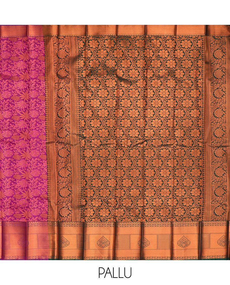 Pink jacquard gift saree, traditional zari border, and contrast pallu of floral designs