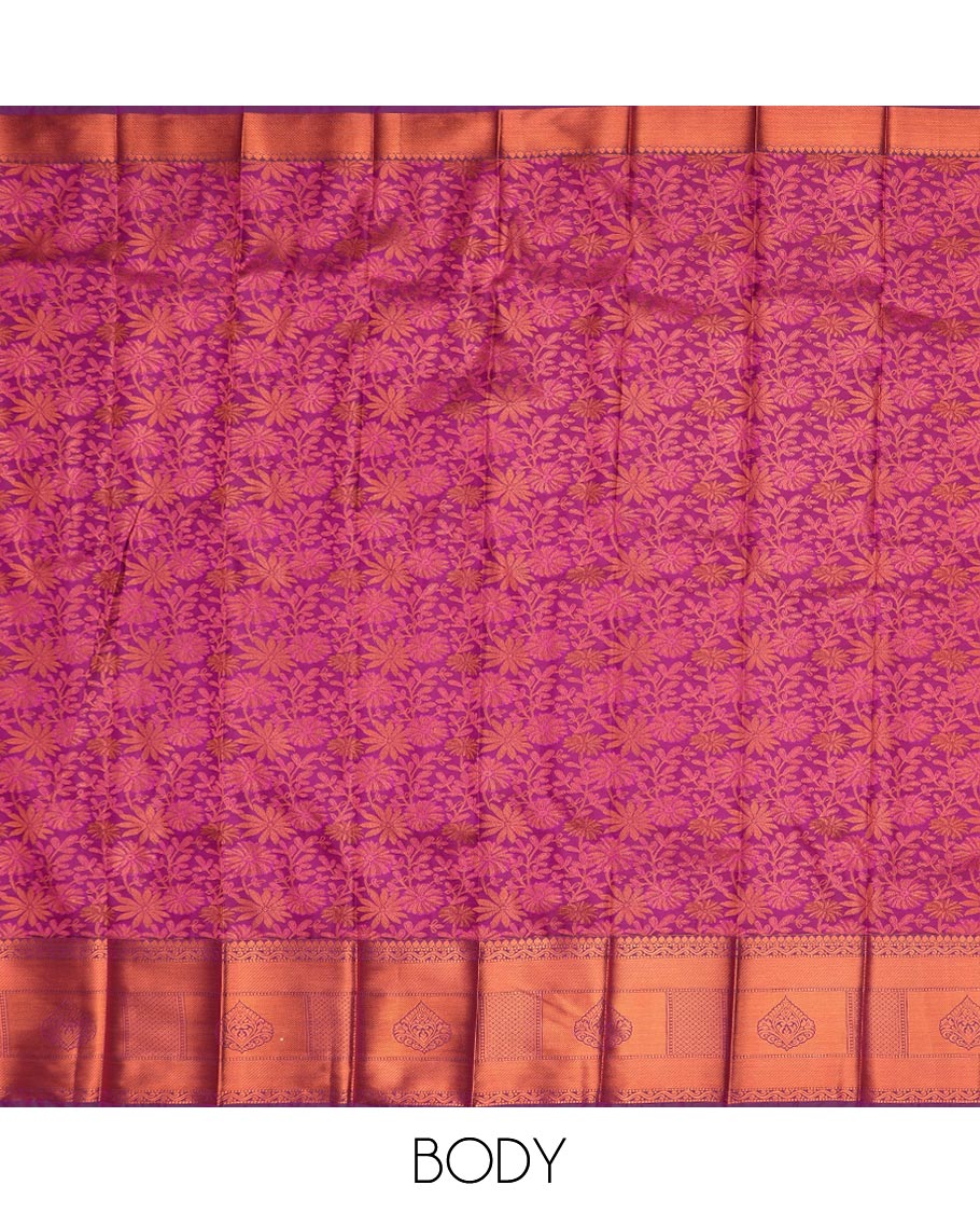 Pink jacquard gift saree, traditional zari border, and contrast pallu of floral designs