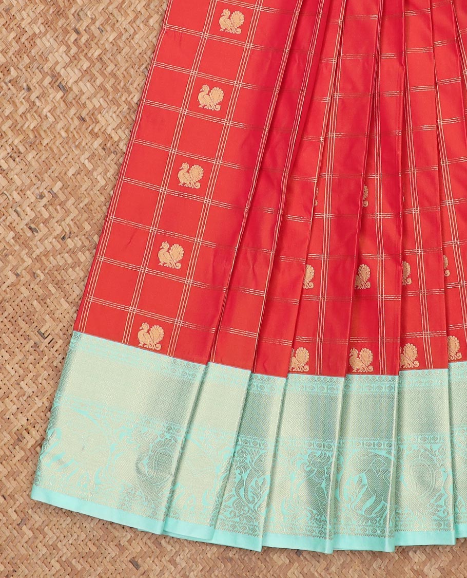 Red mayil buttas enclosed checked design gift saree, contrast traditional zari design border, and intricate pallu