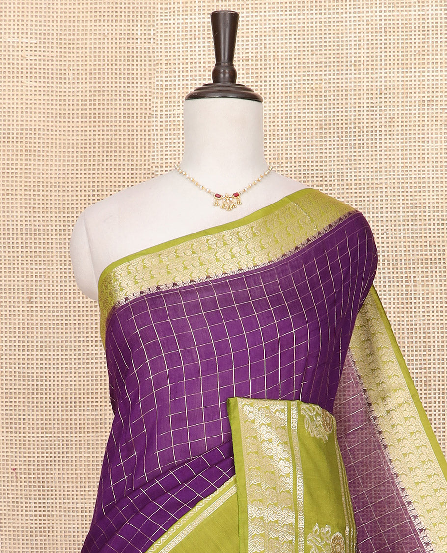 Purple zari checked Assam silk saree, contrast traditional zari border of peacock and floral designs, and pallu of zari stripes