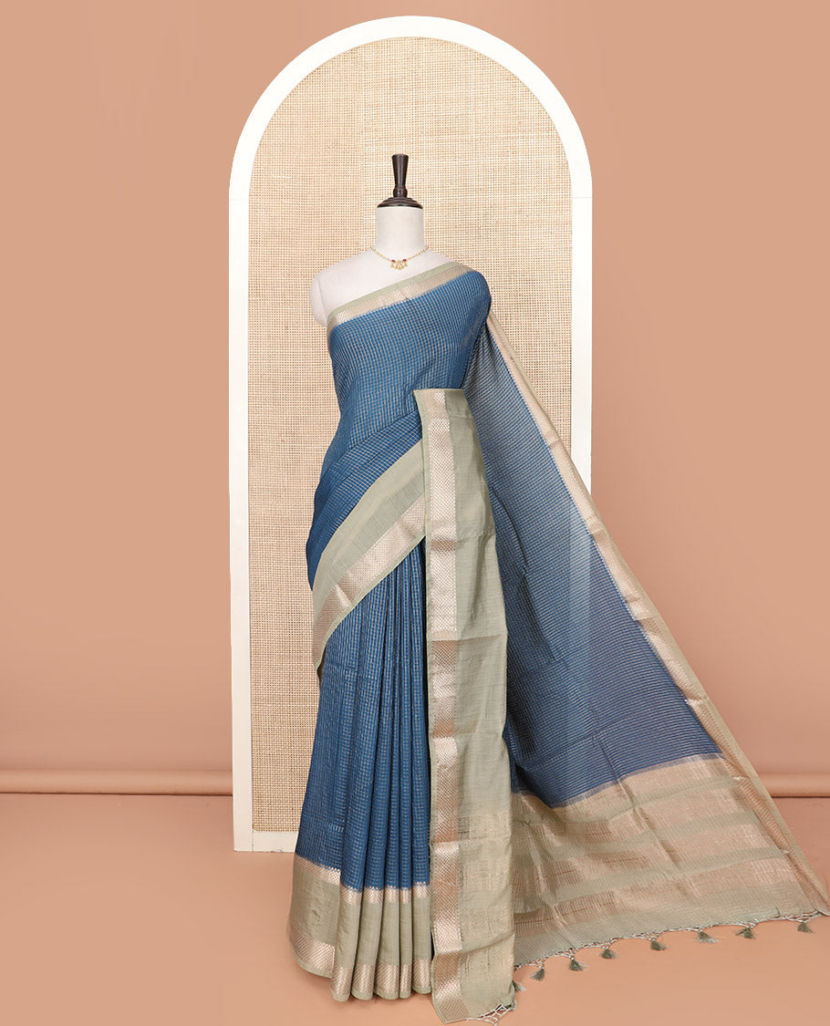 Blue Assam Silk Saree Graced with Zari Checks, Complemented by Contrast Zari Border of Triangle Motifs, a Gleaming Pallu of Zari Stripes, and Paired with a Contrast Blouse