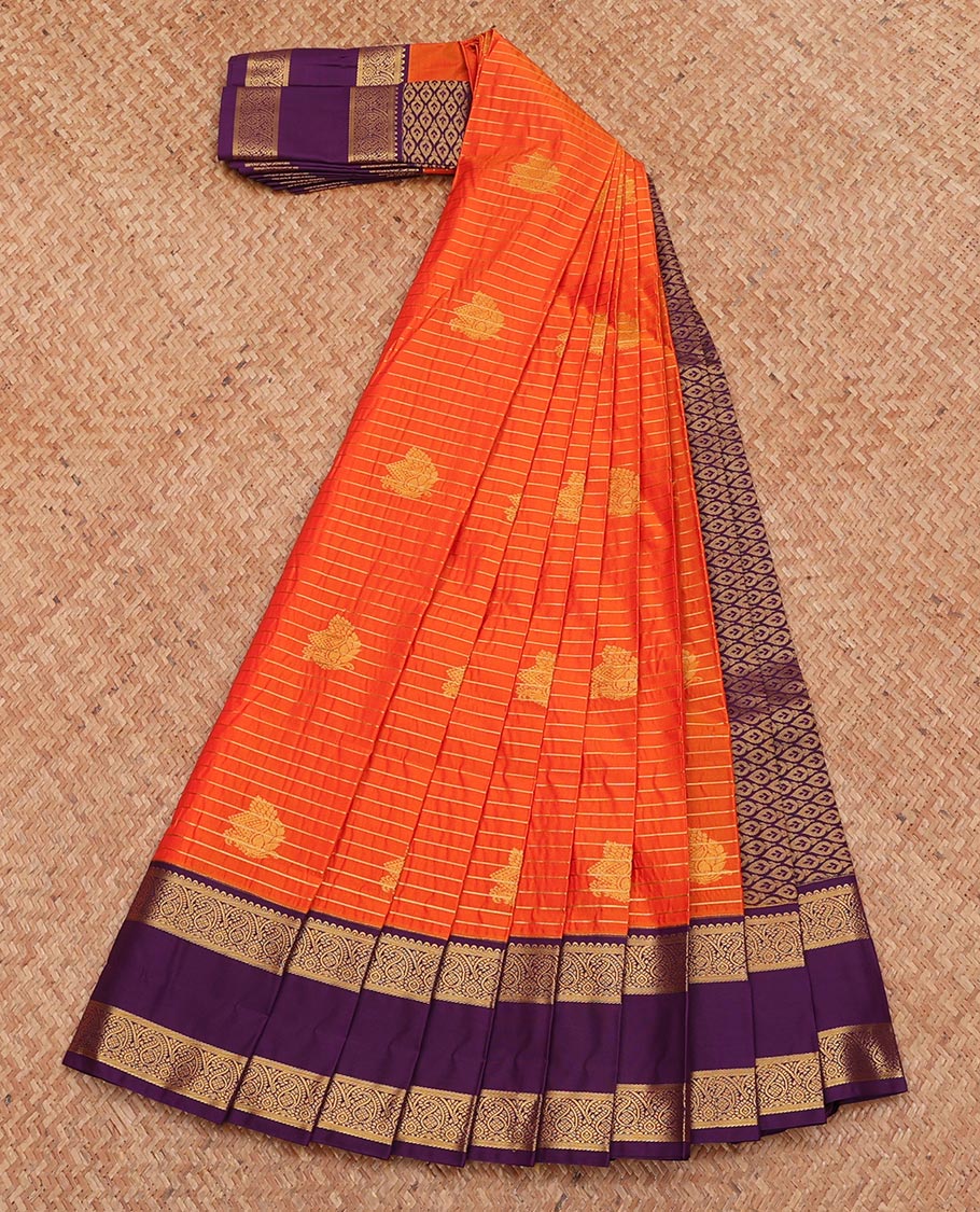 Orange Budget Silk Saree, Gleamed Up with Zari Buttas and Stripes, Complemented by Contrast Traditional Zari Rettai Pettu Border, Grand Pallu, and Contrast Blouse