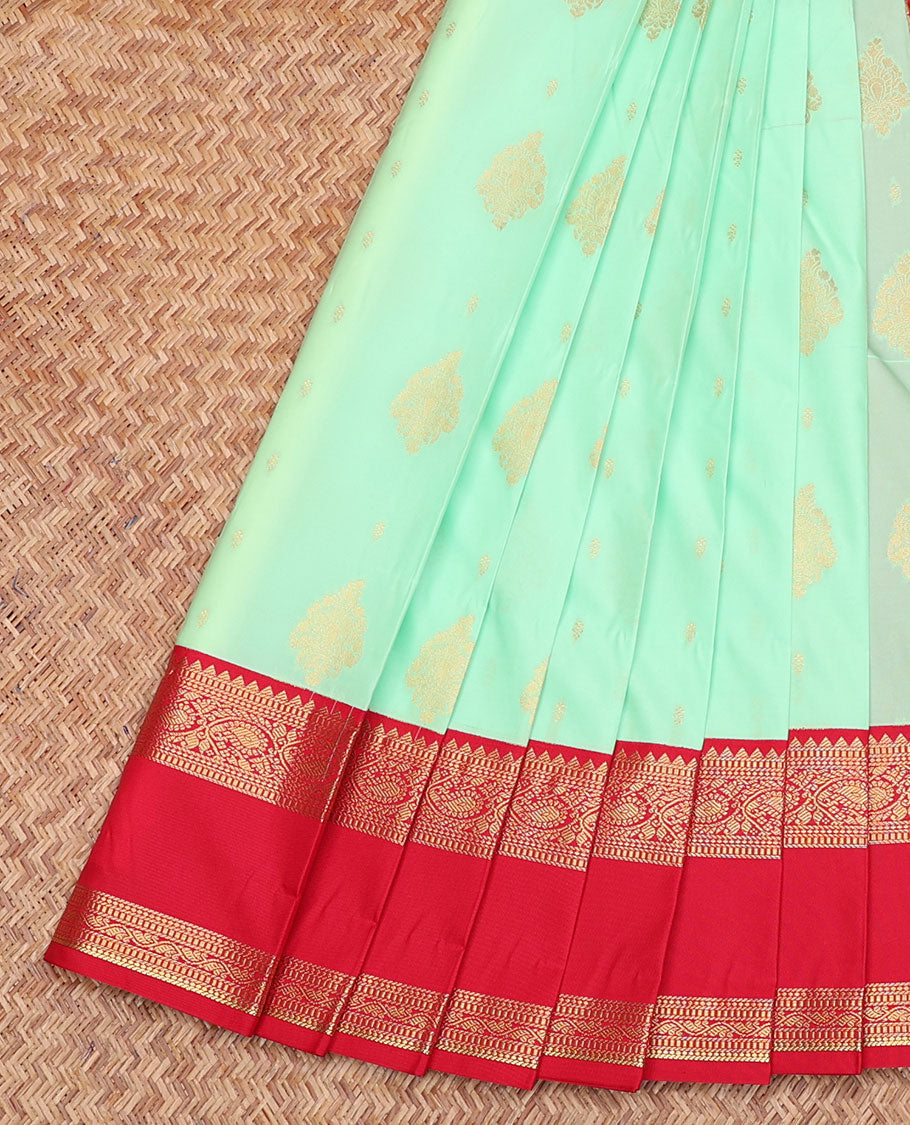 Turquoise Budget Silk Saree, Subtly Sparkled with Zari Buttas, Contrast Traditional Zari Rettai Pettu Border, Grand Pallu, and a Contrast Blouse