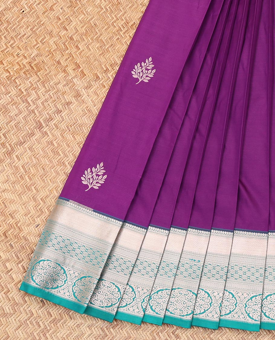 Purple Budget Silk Saree, Showcasing Zari Buttas, Complemented by Contrast Traditional Zari Border, a Grand Pallu and a Contrast Blouse