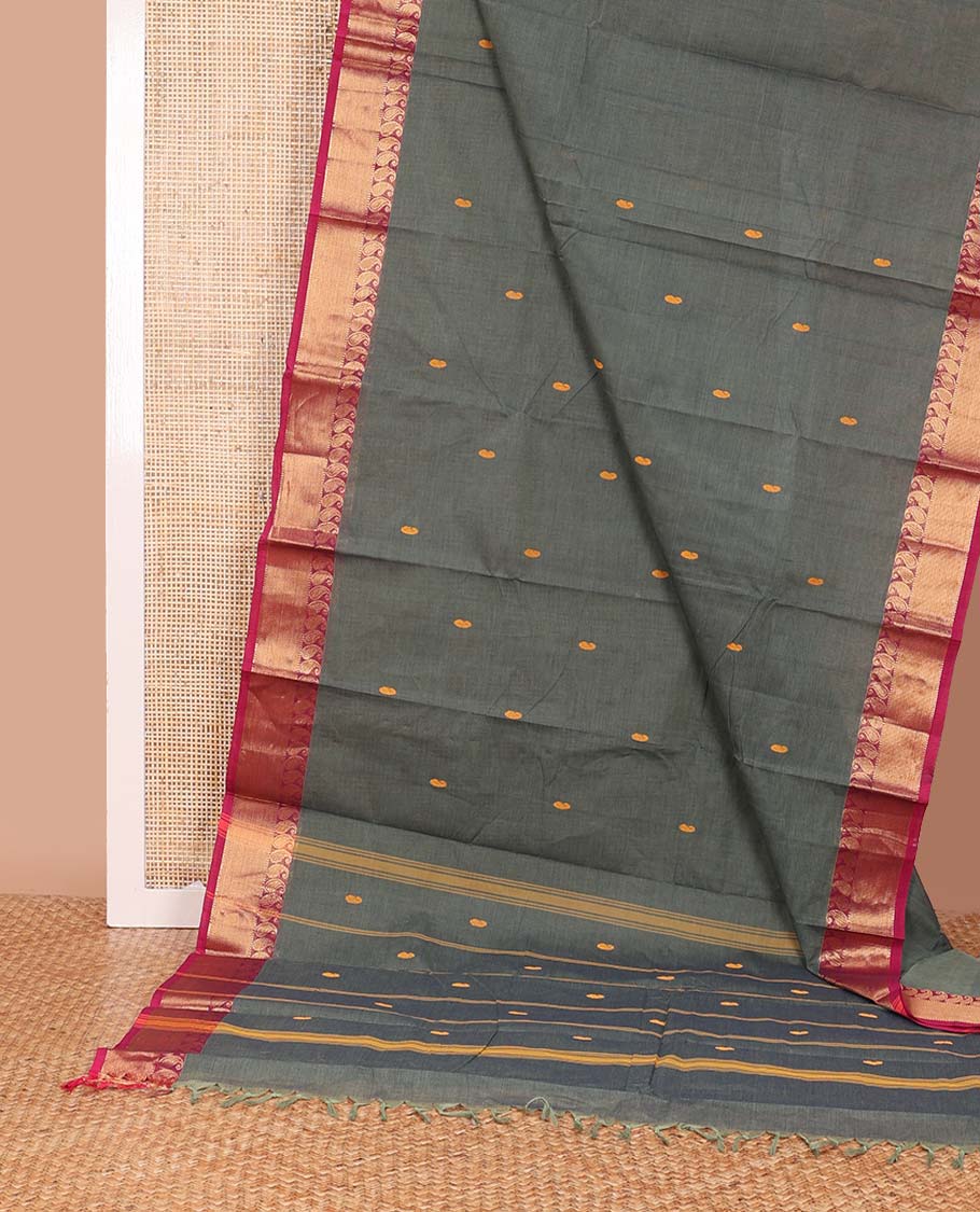 Cement Grey paisley buttas Chettinad cotton saree, contrast paisley zari border, and pallu of stripes