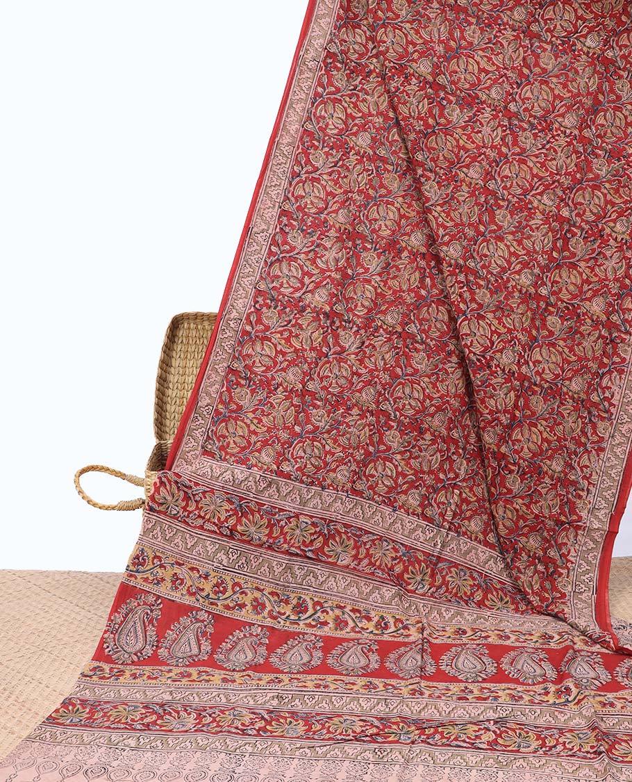 Red floral design machine-printed kalamkari cotton saree with contrast floral design border & floral, paisley design pallu