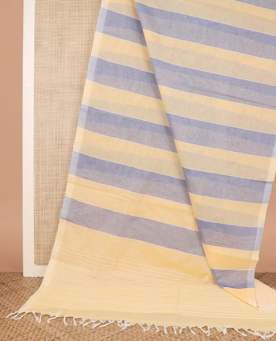 Borderless sandal and blue striped jute cotton saree, striped pallu