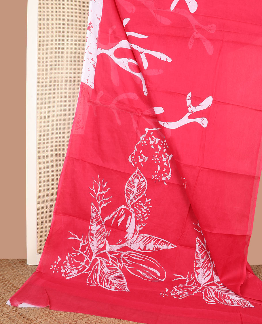 Red abstract floral printed mixed cotton saree, printed border, and pallu of floral print