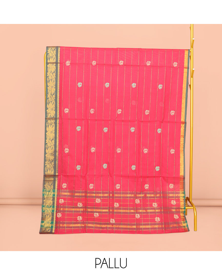 Pink Venkatagiri Cotton Saree, Embellished with Peacock Buttas and Stripes, a Contrast Floral Creeper Zari Border, Pallu of Buttas and Stripes, and No Blouse