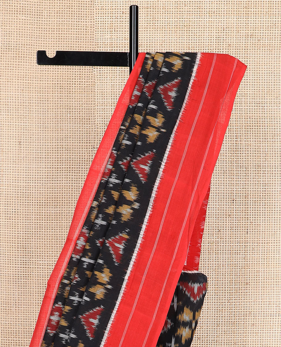 Black floral-geometric ikkat cotton saree, contrast striped border & diamond-patterned pallu