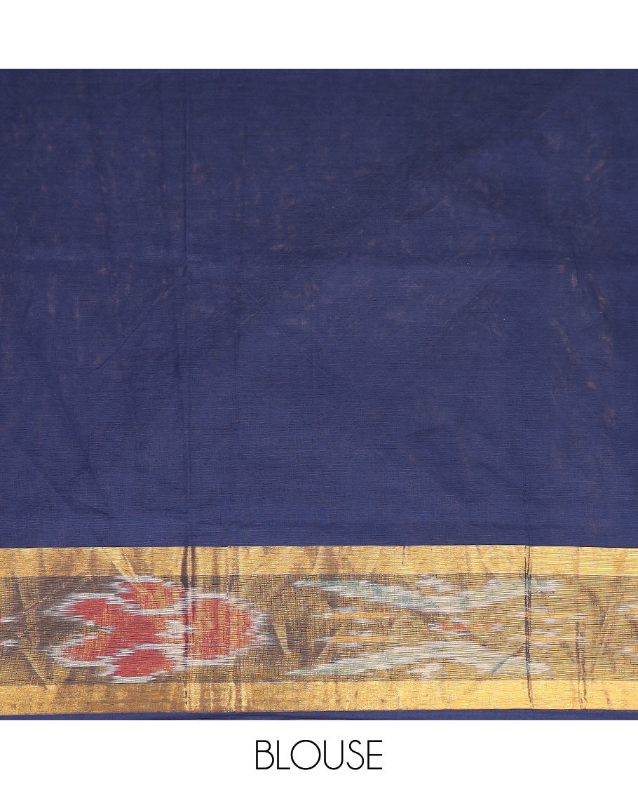 Blue rangoli-style motifs printed Andhra cotton saree, ikkat border, and pallu of rangoli-style motifs