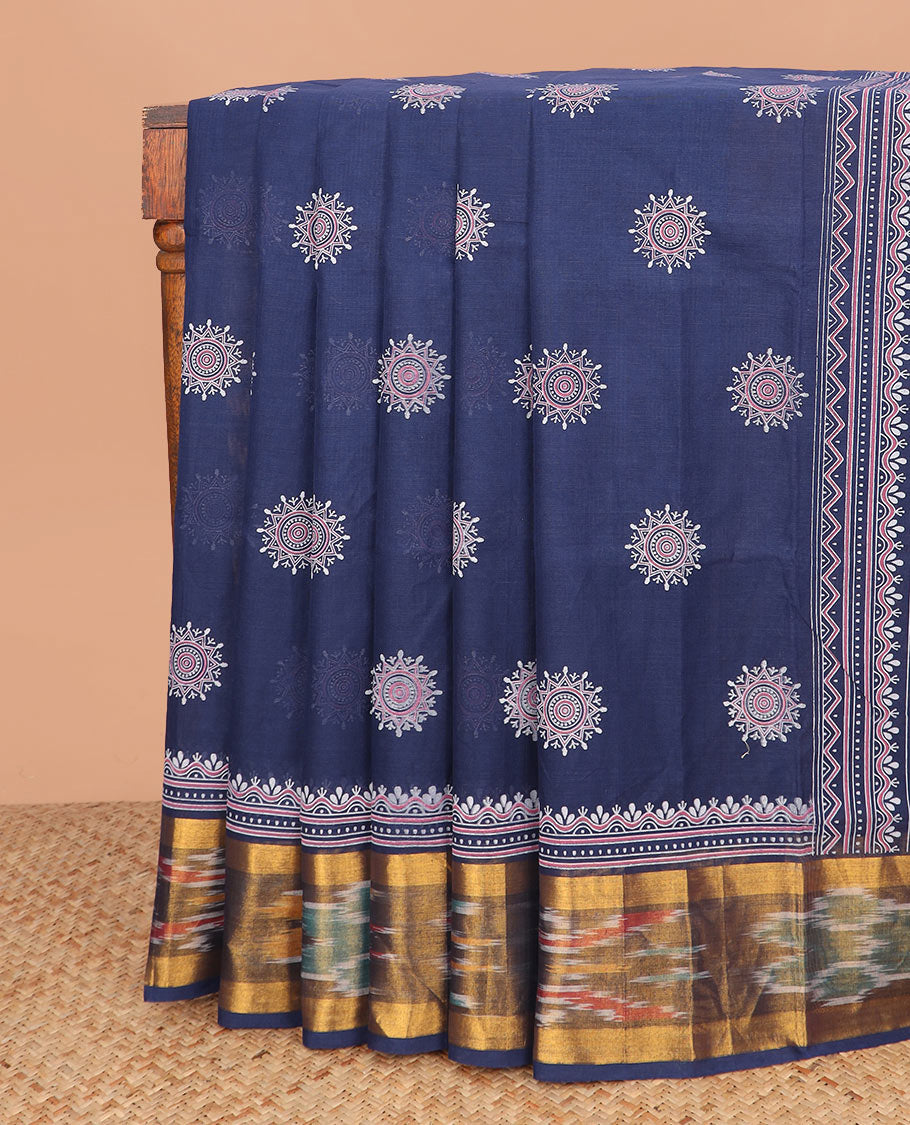 Blue rangoli-style motifs printed Andhra cotton saree, ikkat border, and pallu of rangoli-style motifs