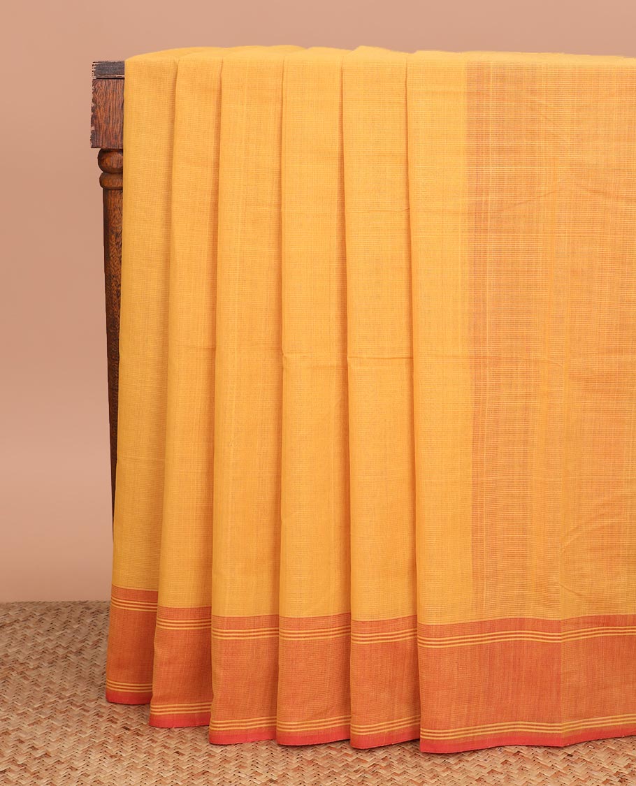 Yellow plain Mangalgiri cotton saree, contrast double striped border, and striped pallu