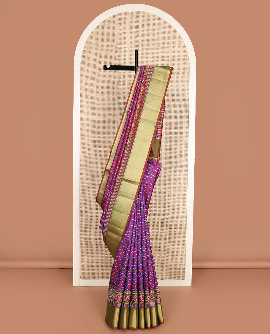 Purple motif semi-banaras patola silk saree, contrast temple border of ikkat designs, and pallu of floral and geometric design