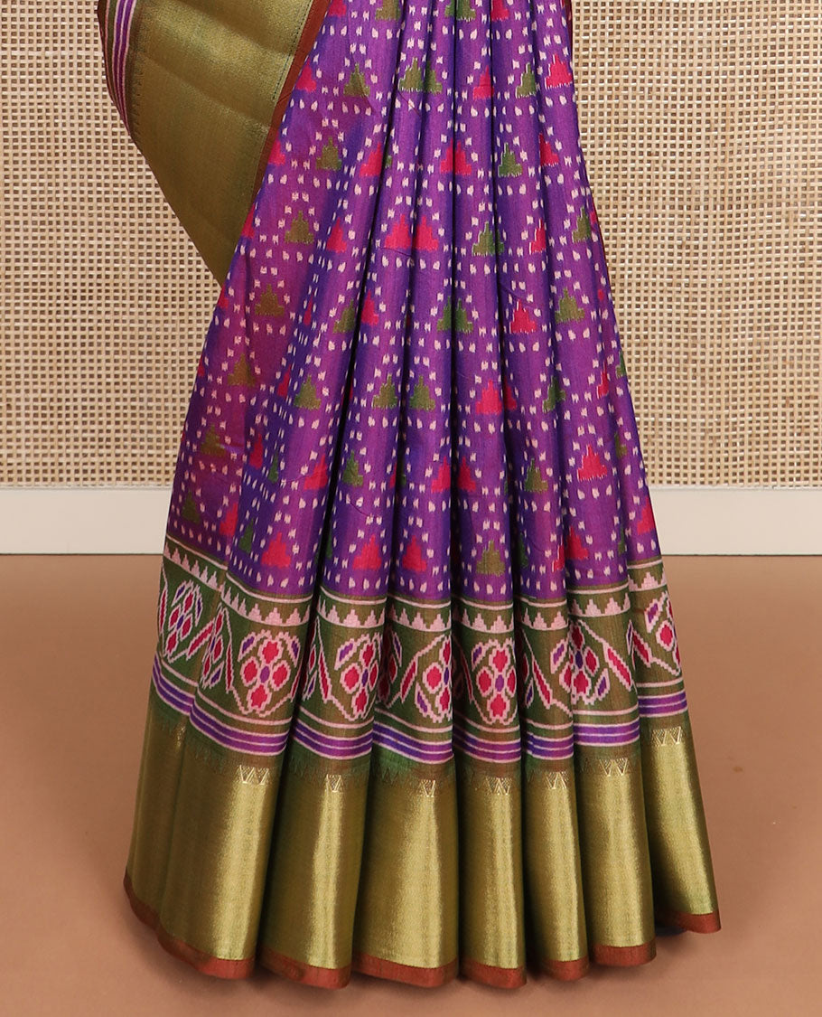 Purple motif semi-banaras patola silk saree, contrast temple border of ikkat designs, and pallu of floral and geometric design