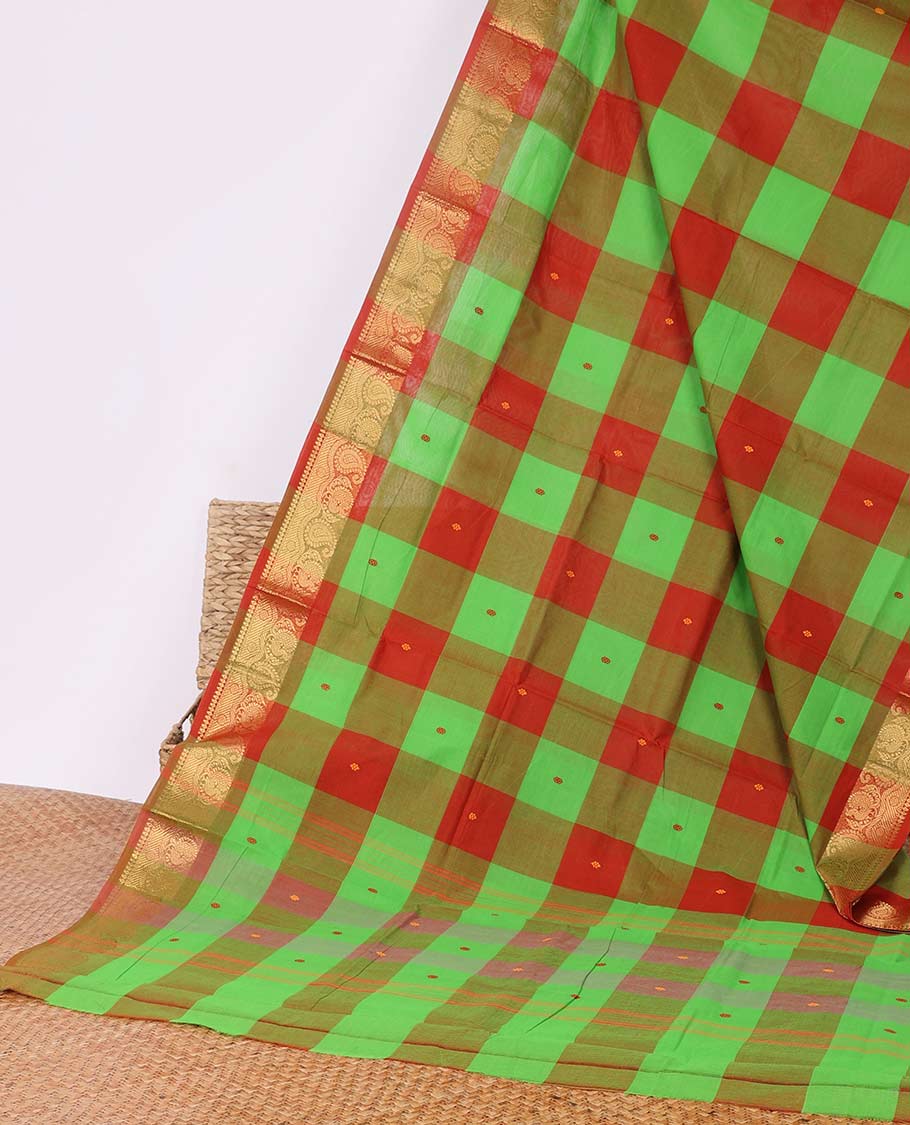 Green-Red butta enclosed checked Chettinad cotton saree, traditional zari design border & striped pallu