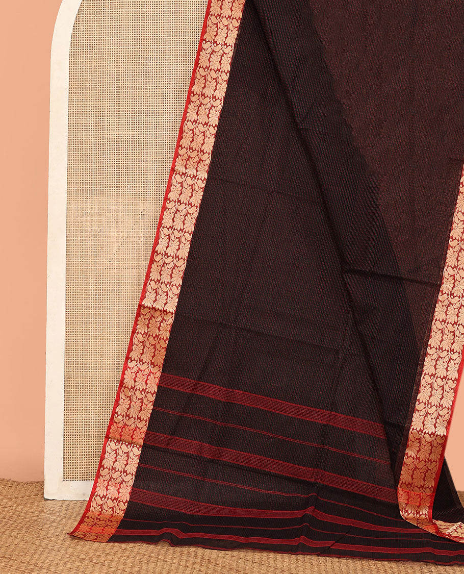 Brown Sparsely Woven Bengal Cotton Saree, a Contrast Paisley Creeper Border, Self-Pallu, and No Blouse