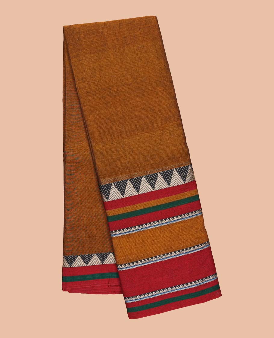 Brown plain design Narayanapet cotton saree, contrast traditional design border & striped pallu