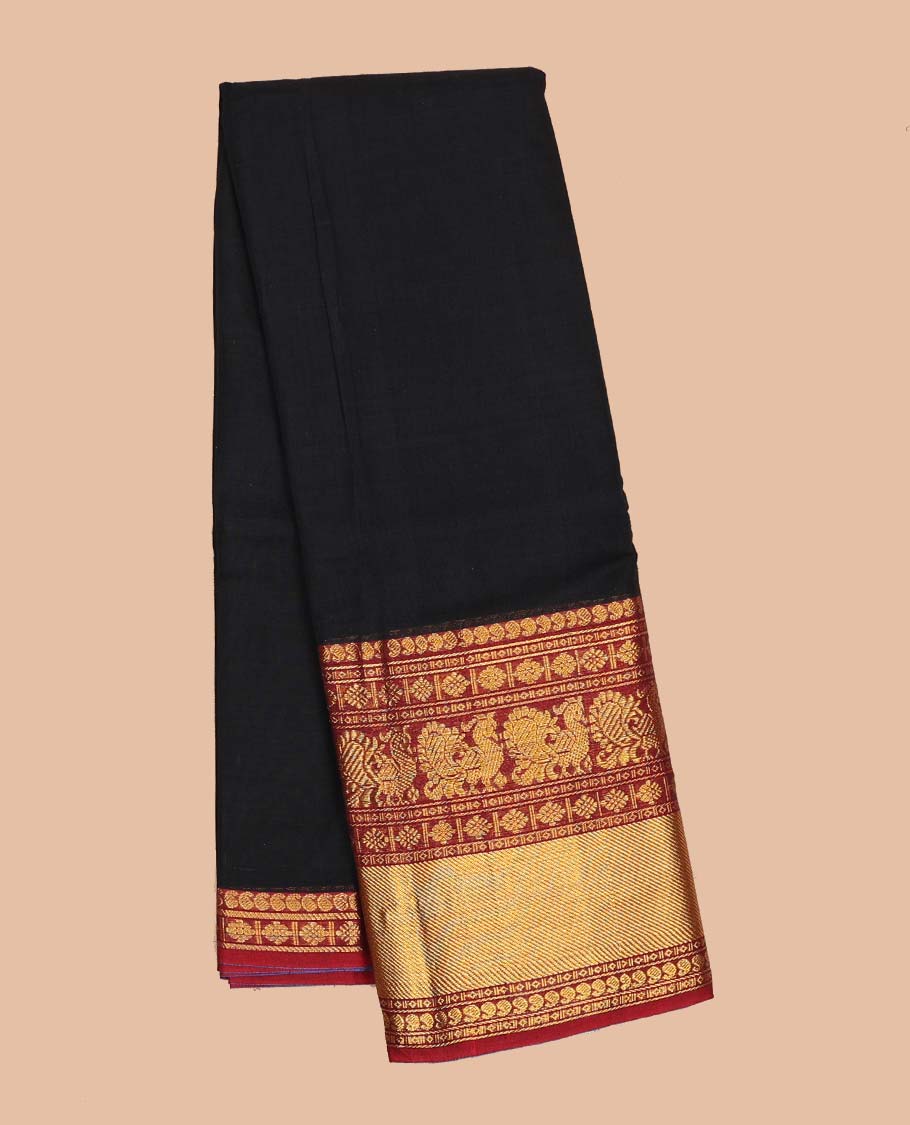 Black plain Narayanapet cotton saree, contrast traditional design border & striped pallu