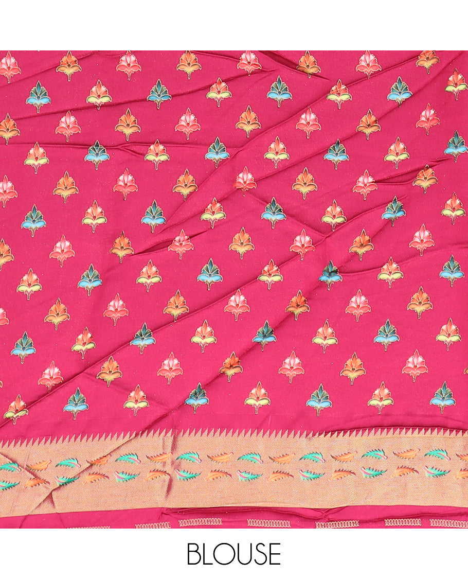 Green unique motifs printed dola silk saree, gleaming zari border, and pallu of Mughal-style man and women motifs