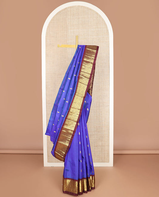 Blue zari buttas kanchipuram silksaree, contrast one-sided korvai jaal design zari border & floral design pallu