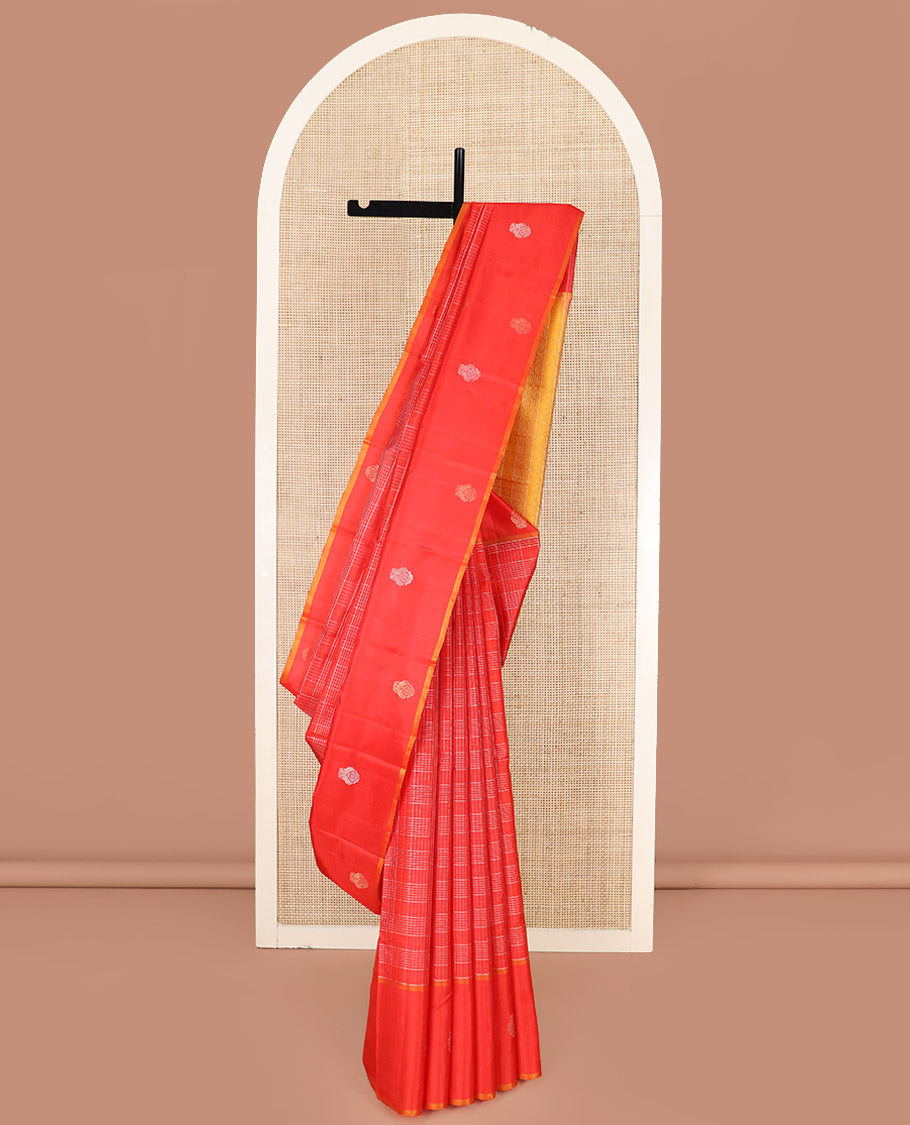 Red Kanchipuram Silk Saree, Scintillated with Zari Checks All Over Its Body, Highlighted by Self-Border of Iruthalai Pakshi Designs, Complemented by Contrast Striped Pallu, and Paired with a Contrast Blouse