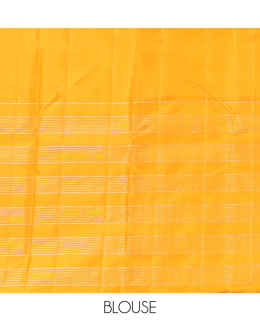 Red Kanchipuram Silk Saree, Scintillated with Zari Checks All Over Its Body, Highlighted by Self-Border of Iruthalai Pakshi Designs, Complemented by Contrast Striped Pallu, and Paired with a Contrast Blouse