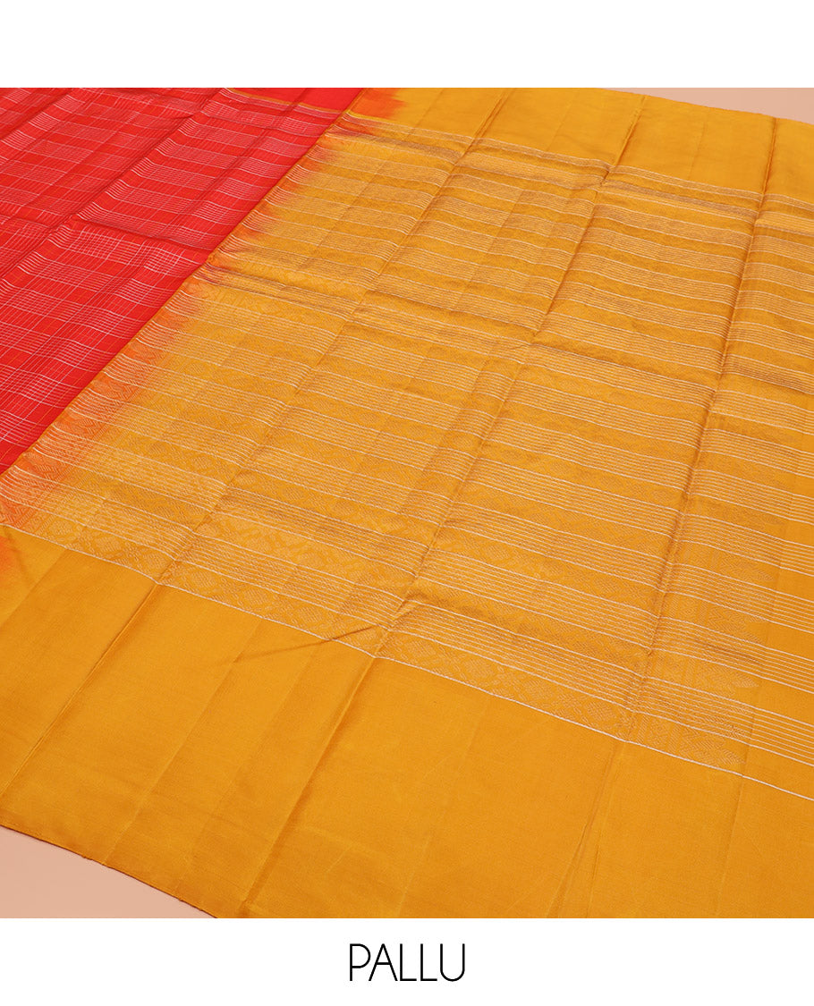 Red Kanchipuram Silk Saree, Scintillated with Zari Checks All Over Its Body, Highlighted by Self-Border of Iruthalai Pakshi Designs, Complemented by Contrast Striped Pallu, and Paired with a Contrast Blouse