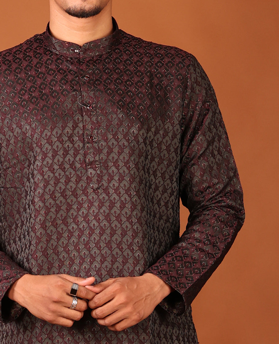 Dark Maroon Mughal-Style Jaal-Pattern Textured Full-Sleeved Men's Kurta