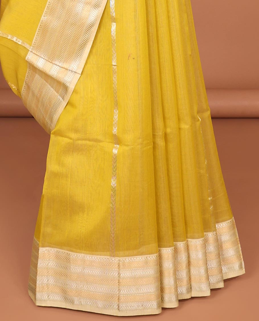 Yellow zari striped Maheshwari cotton saree, contrast traditional design border & zari striped pallu