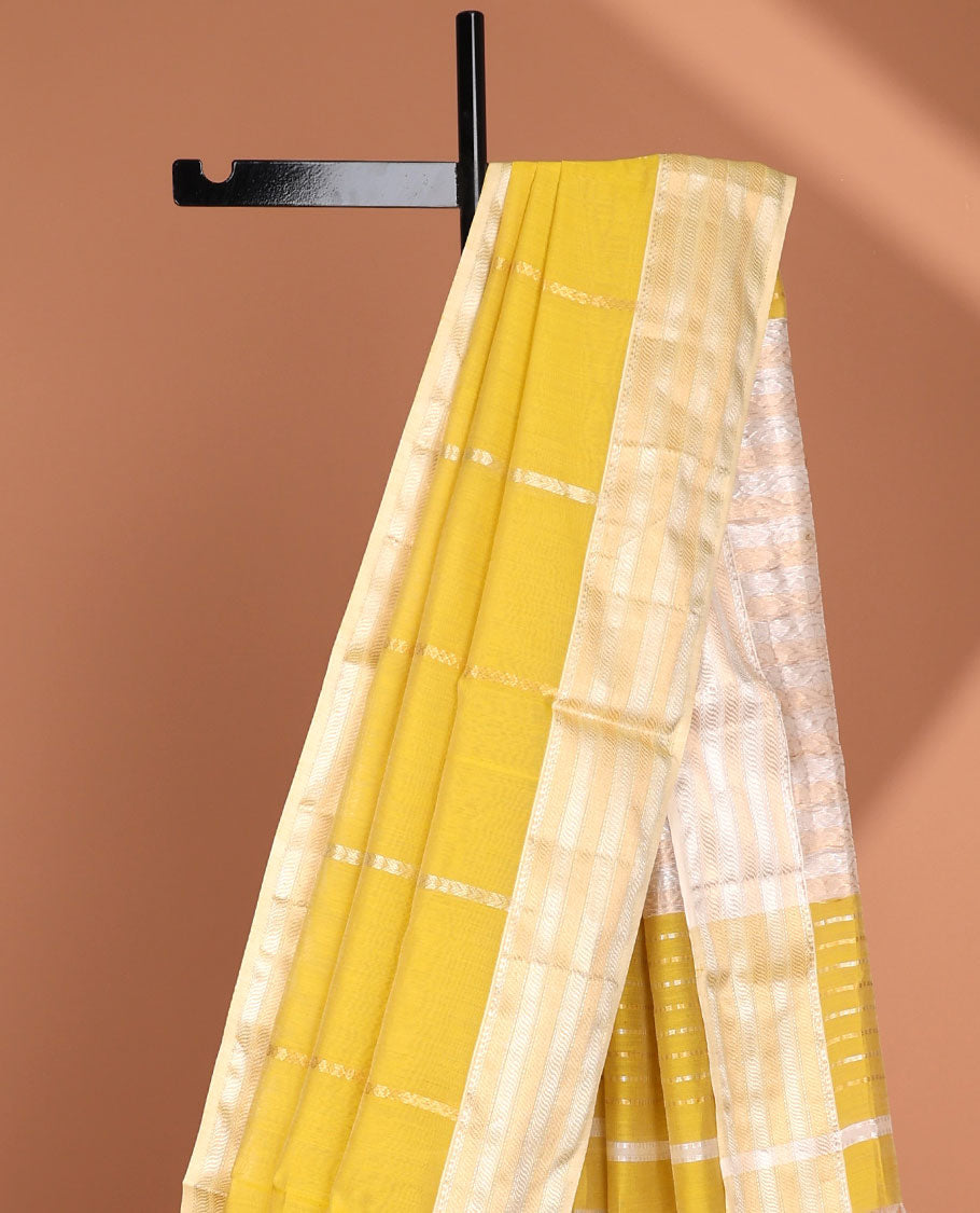 Yellow zari striped Maheshwari cotton saree, contrast traditional design border & zari striped pallu