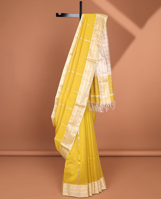 Yellow zari striped Maheshwari cotton saree, contrast traditional design border & zari striped pallu