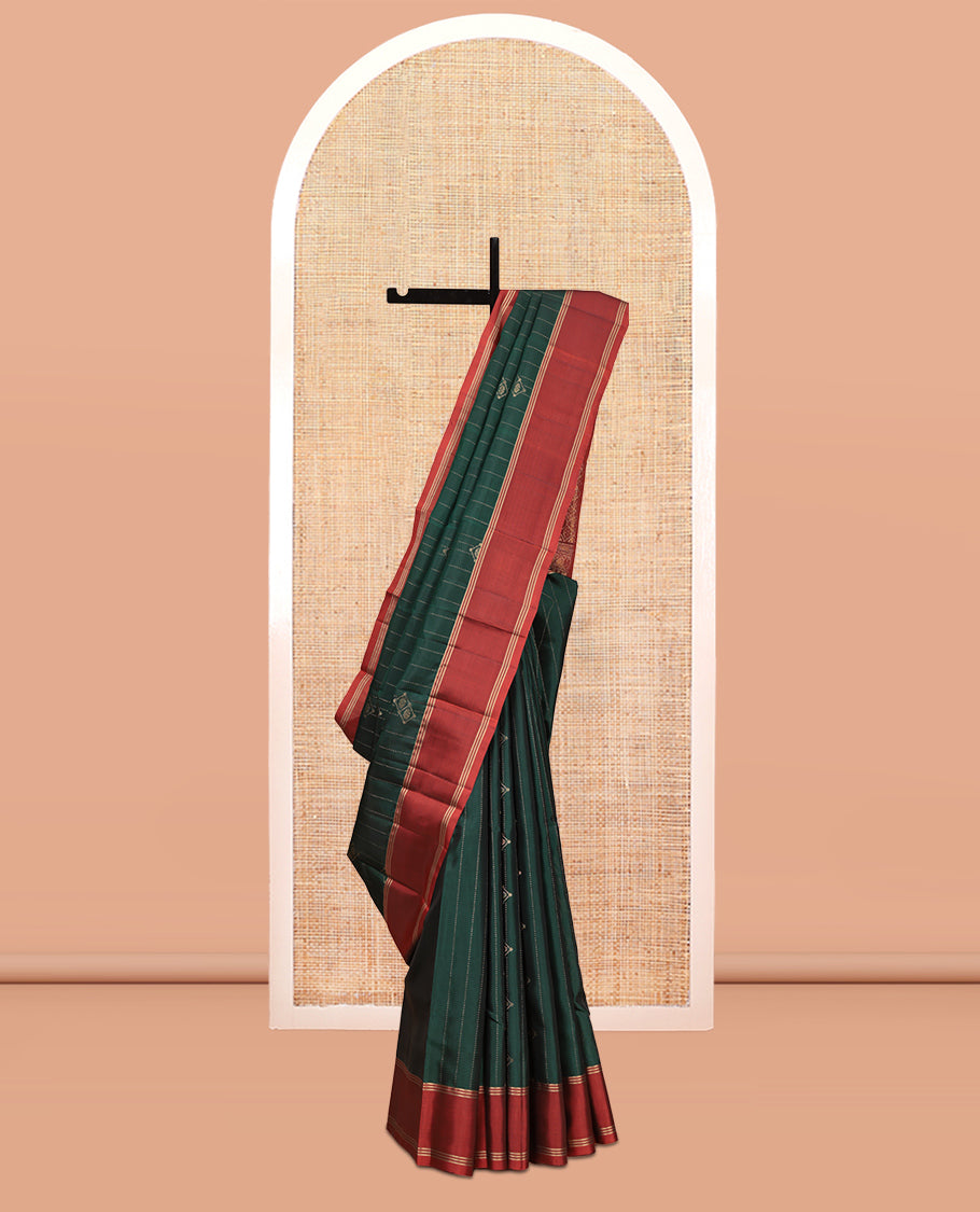 Green Mayuri Lite Silk Mix Saree, Enriched with Zari Buttas and Stripes, Complemented by a Contrast Bodi Border, Jaal Pallu, and a Contrast Blouse