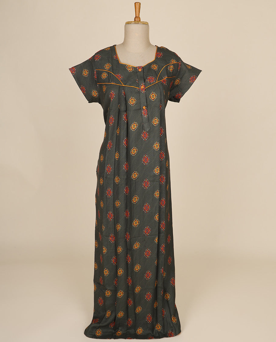 Brown floral printed & square neck cotton half-sleeve nighty