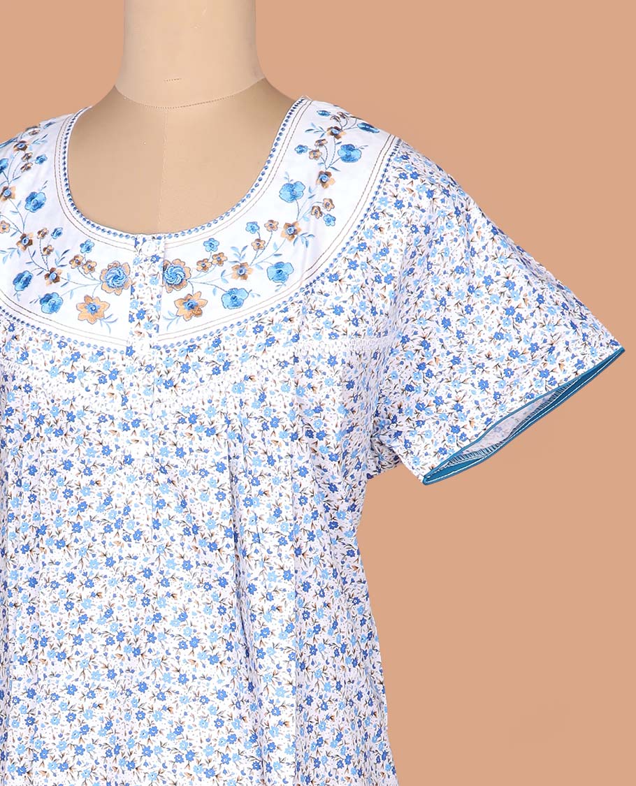 White-blue floral vine printed with neck floral embroidered half-sleeve round neck cotton nighty