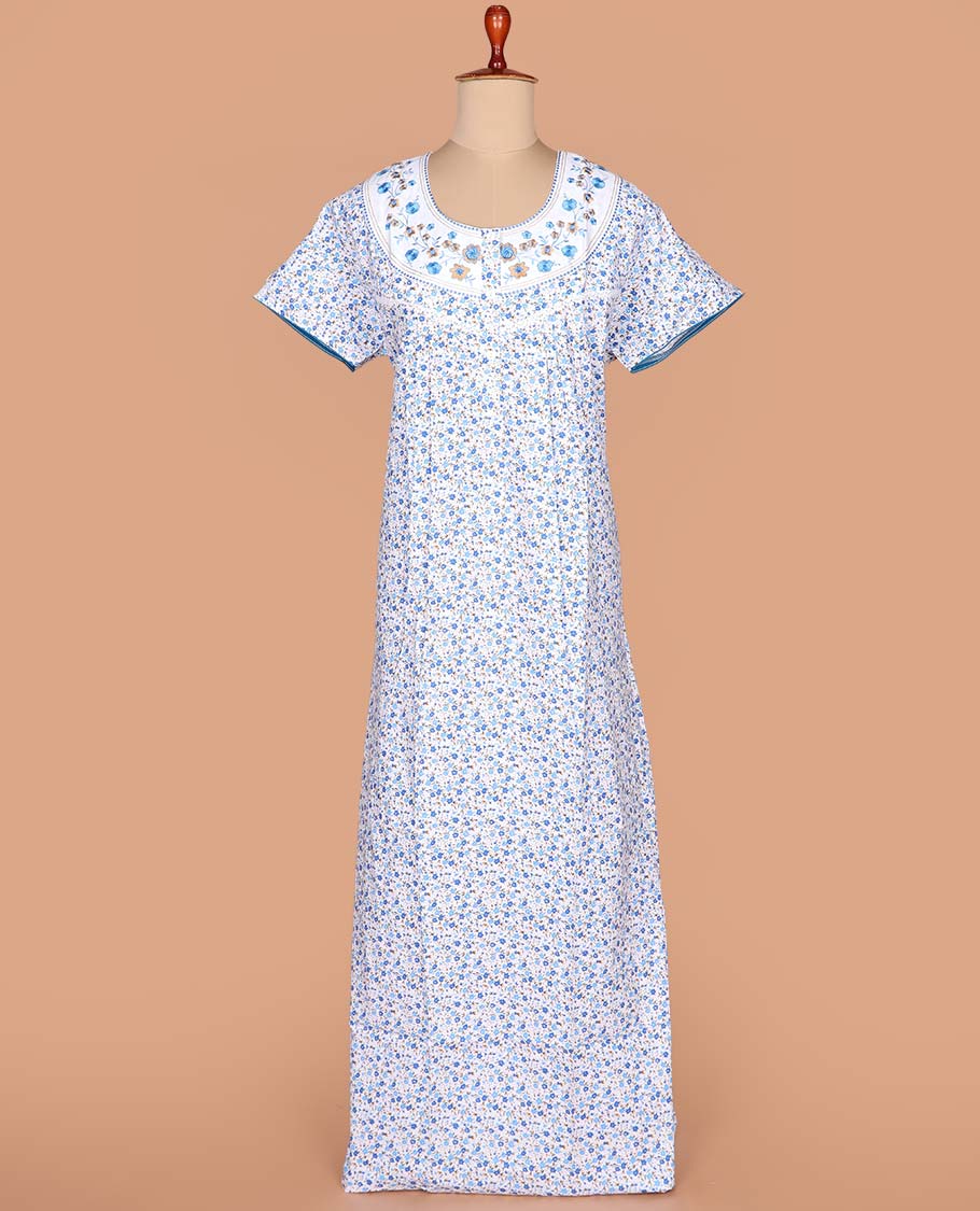 White-blue floral vine printed with neck floral embroidered half-sleeve round neck cotton nighty
