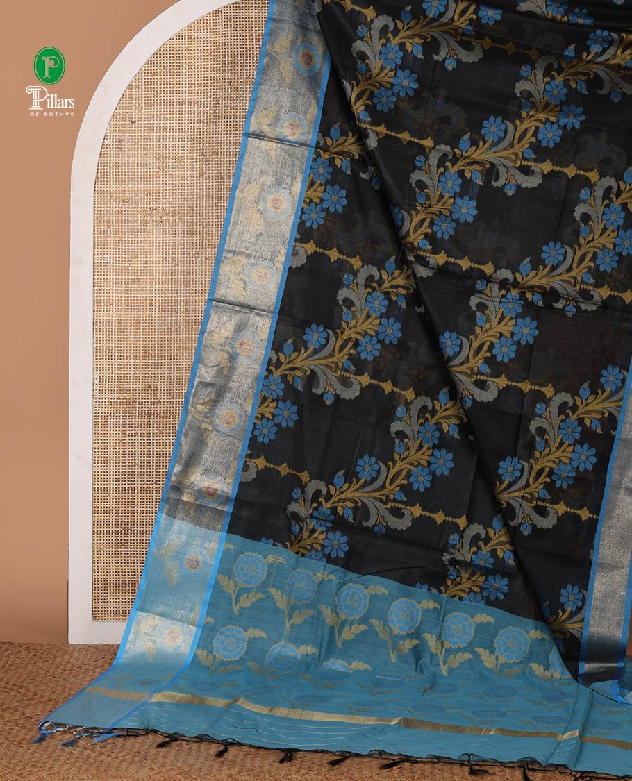 Black diagonal floral stripes thread-woven chanderi cotton saree, contrast floral zari border & floral design pallu, plain blouse