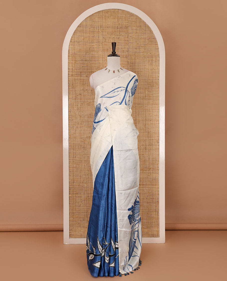 Borderless cream-blue batik-style floral printed khadi cotton saree, printed pallu & printed blouse